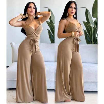 Palazzo enterizo holgado cruzado tirantes cinturon