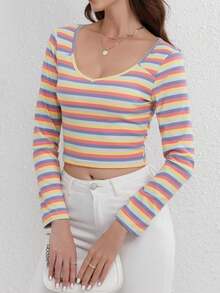 Women's V-Neck Colorful Striped Long Sleeve Cropped Fitted T-Shirt, Spring & Autumn - Multicolor - View 4