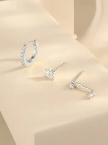 3件套 时尚邪眼立方氧化锆925纯银耳环套装，女士夏季首饰 - 銀色 - 查看 5