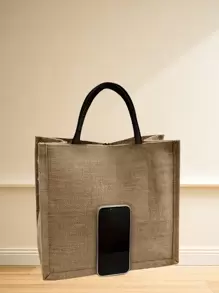 2 件复古女孩图案手提包套装：轻便购物袋，配有迷你零钱包，适合海滩、旅行、返校、日常使用 - 卡其色 - 查看 3