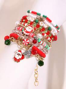 10 件/套手工串珠彩色圣诞老人圣诞弹性手链，适合女性圣诞佩戴 - 彩色 - 查看 4