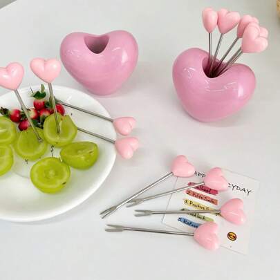 5pcs Fruit Fork, Pink Heart Salad Forks Set Stainless Steel Salad Creative Cake Dessert Fork Sweet Food Pick Wedding Party Supplies Christmas Gift,School Supplies