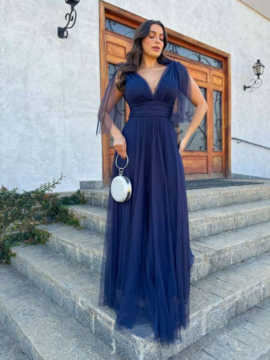 Long Tulle Dress With Shiny Bow On The Shoulder - 藏蓝色 - 查看 1