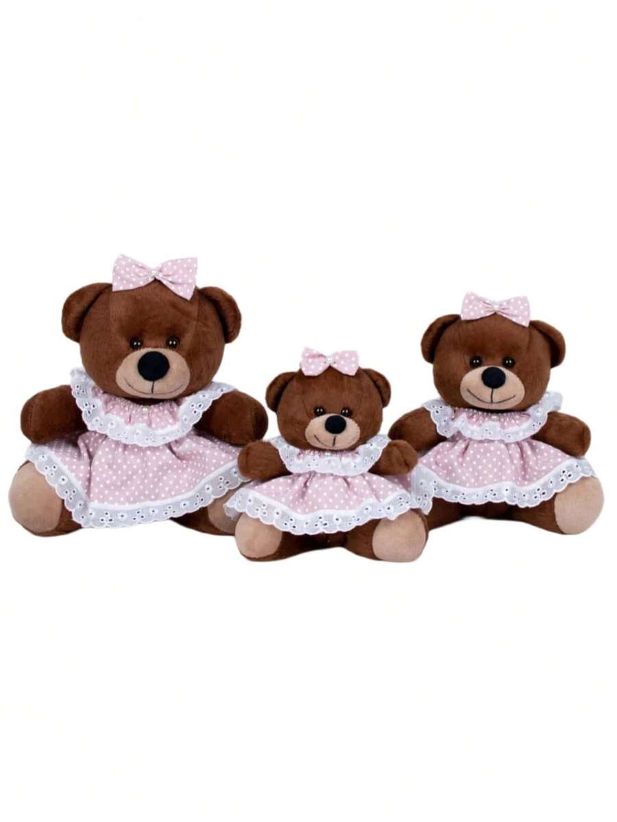 Large Trio Of Brown Plush Teddy Bears In Polka Dot Baby Dress (18/22/26) - Ideal For Niches - Bột màu hồng - Xem 1