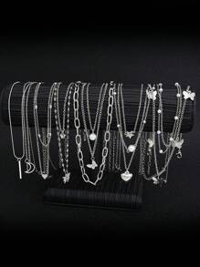 13pcs/Set Minimalist Heart, Butterfly, Star, Moon & Stripe Faux Pearl & Rhinestone Necklaces Set For Women, Suitable For Date, Vacation & Daily Wear (Random Pearl Quantity) - Silver - View 2