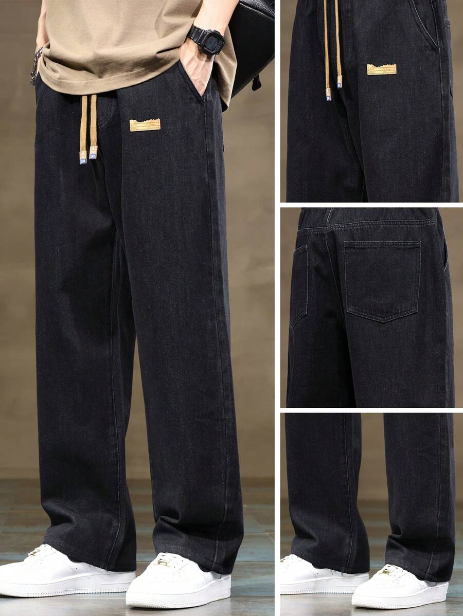 Men's Drawstring Waist, Stonewashed, Everyday Casual Denim Jeans, Grunge - Black - View 1