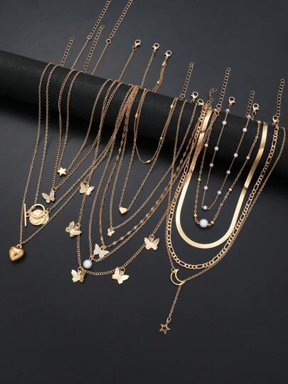 13 件/套简约心形、蝴蝶、星星、月亮和圆盘仿珍珠项链套装，适合女士，约会、度假和日常佩戴，情人节、妈妈、母亲、母亲节、礼物