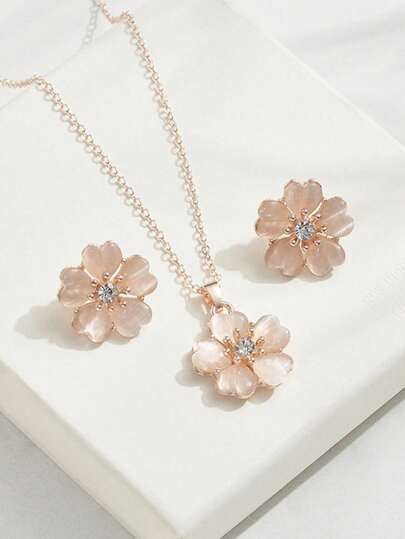 1 套优雅猫眼和花卉水钻装饰项链和耳环套装