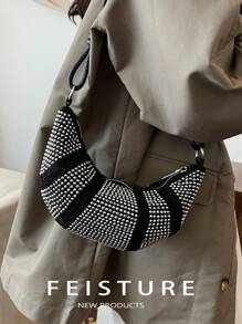 1 件 Feisture 水钻新月单肩包，时尚闪亮，适合女孩、女士、大学生、办公室穿着，适合工作、商务、通勤、学校 - 銀色 - 查看 9
