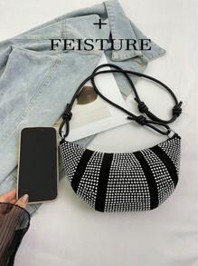 1 件 Feisture 水钻新月单肩包，时尚闪亮，适合女孩、女士、大学生、办公室穿着，适合工作、商务、通勤、学校 - 銀色 - 查看 6