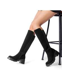 Women's Knee High Boots, Comfortable Platform Round Toe Stretch Boots For Women - DA LỘN MÀU ĐEN - Xem 7