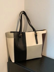 时尚大容量多口袋单肩手提包，32*12*28厘米休闲女士大号手提包可容纳笔记本电脑，简约时尚，适合休闲和度假 - 彩色 - 查看 4