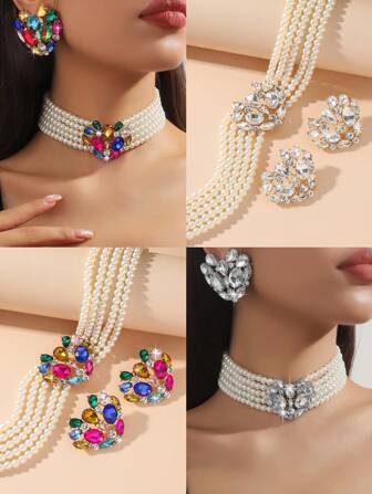 1pc Premium Fashion Women's Geometric Heart Shaped Colorful Crystal Rhinestone Necklace, 1pair Colorful Crystal Rhinestone Heart Shaped Stud Earrings - 2pcs Formal Wear & Daily Match Set Valentines,Mom,Mother,Mother's Day,Gift