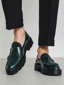 男士正装乐福鞋一脚蹬乐福鞋男式双扣孟克鞋皮革正装商务休闲舒适男鞋尺码偏大，请选小一码 - 綠色 - 查看 5