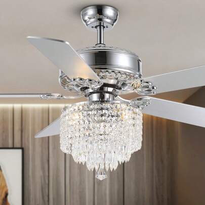 52 Inch Modern Crystal Ceiling Fan With Lights And Remote, Elegant Reversible Chandelier Fan Light KIt Fandelier With 5 Wooden Blades For Bedroom Living Room Dining Room