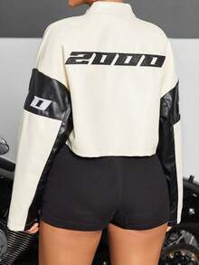 TSUTAYA Street Colorblock Letter Graphic Stripe Zip Up PU Leather Bomber Jacket - Black and White - View 3