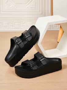 New Fashion Thick Bottom Elevated EVA Non-Slip Commuting Stable Soft Comfortable Lightweight Sandals For Women, Double Adjustable Strap, High-End Beach Party Holiday Casual Shock Absorbing Slippers - Black - View 2