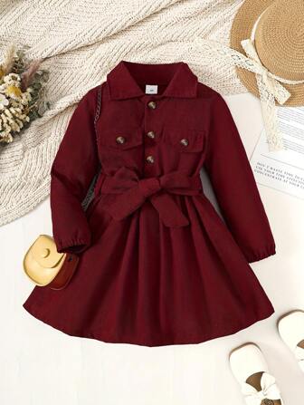 Girls' Solid Color Single-Breasted Half-Cardigan Collar Shirt Dress, Fashion Formal Dress Suitable For Spring, Summer, Autumn And Winter