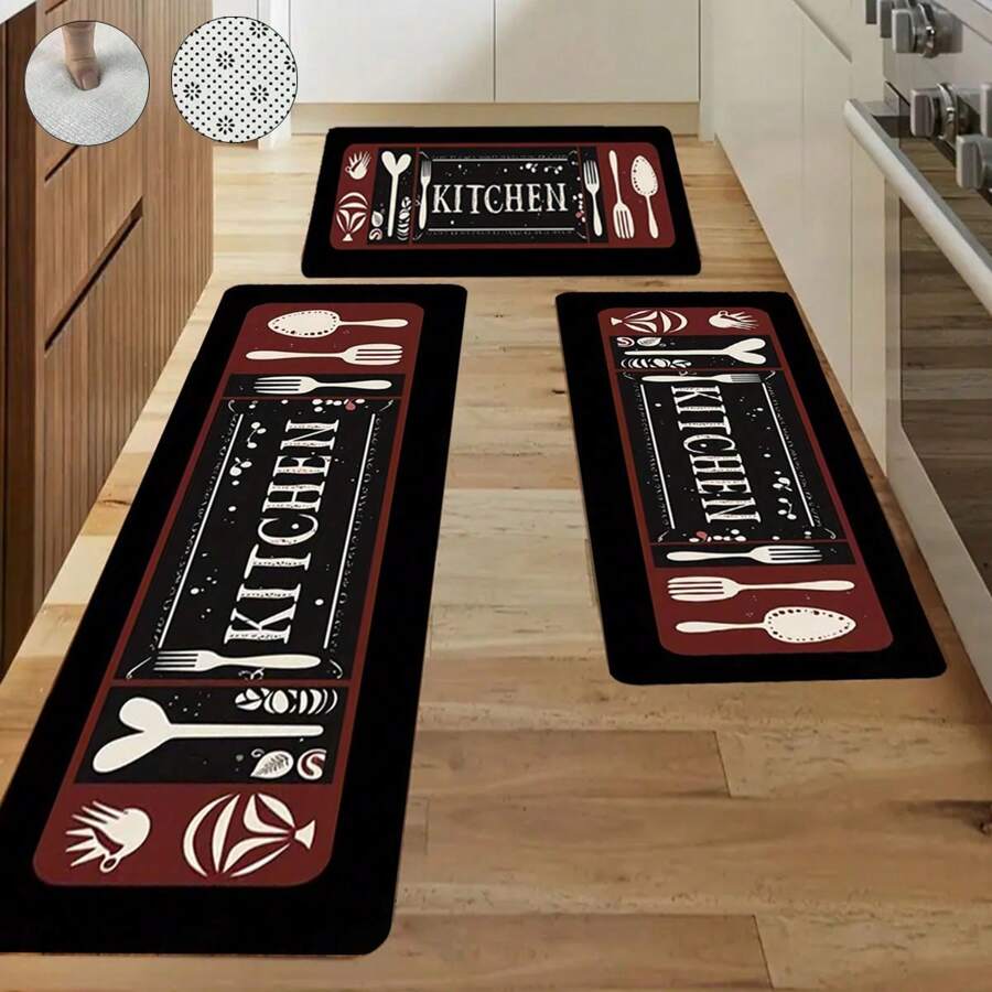 1/3 件圣诞厨房地毯、圣诞树和小矮人设计黑色厨房垫、适合节日派对的低调地垫、圣诞快乐厨房家居装饰 - 黑色 - 查看 1