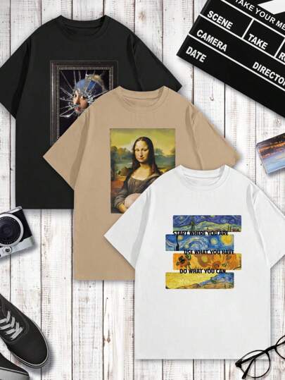 3pcs Men's Casual Loose Oil Painting Print Short Sleeve Round Neck T-Shirt Set