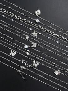 13pcs/Set Minimalist Heart, Butterfly, Star, Moon & Stripe Faux Pearl & Rhinestone Necklaces Set For Women, Suitable For Date, Vacation & Daily Wear (Random Pearl Quantity) - Silver - View 5