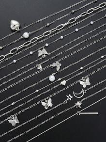 13pcs/Set Minimalist Heart, Butterfly, Star, Moon & Stripe Faux Pearl & Rhinestone Necklaces Set For Women, Suitable For Date, Vacation & Daily Wear (Random Pearl Quantity) - Silver - View 4