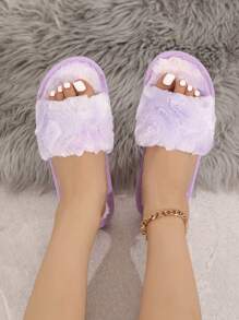 Women's Fashion Simple Open Toe Plush Slippers, Purple Soft Sandals For Indoor & Outdoor Use