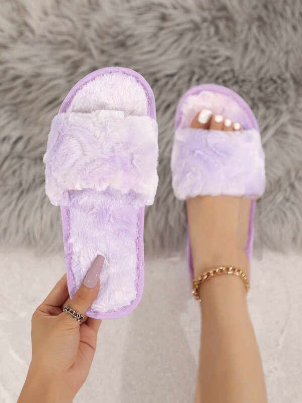 Women's Fashion Simple Open Toe Plush Slippers, Purple Soft Sandals For Indoor & Outdoor Use