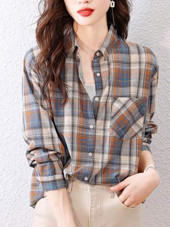 Women's Spring & Autumn Long Sleeve Plaid Printed Pocket Lapel Collar Blouse