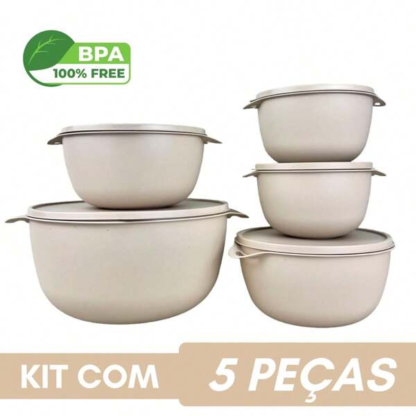Kit 5 Potes Bowl Plástico Bege Com Tampa 3 Tamanhos Cozinha Marmita Armazenar Alimentos Livre BPA