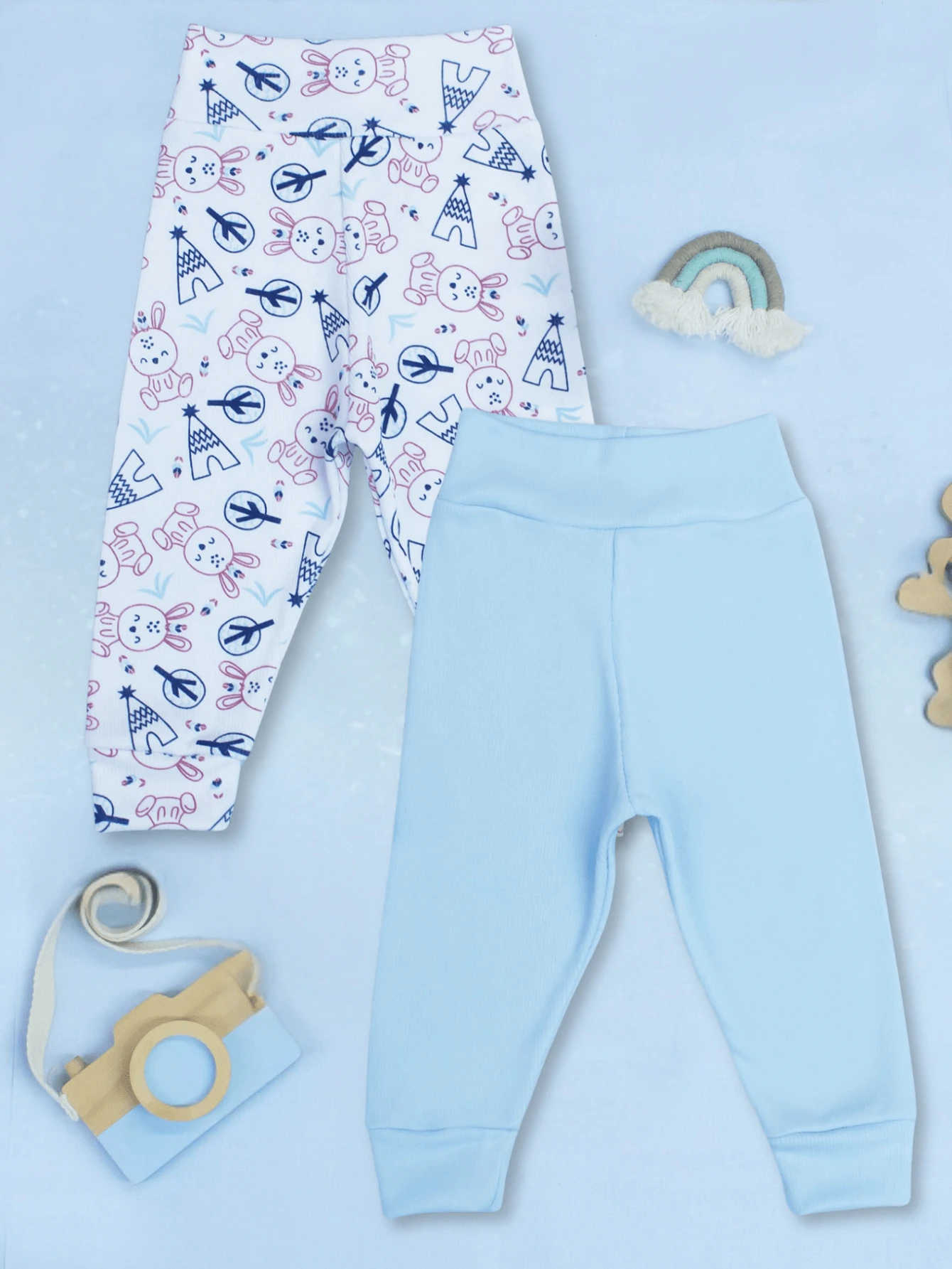 SHEIN Ribbed Knit Pants For Baby Girls And Boys, 2 Pieces, Soft, Hypoallergenic, Comfort Waistband, No Elastic, Perfect Fit, Ribbed Knit, 100% Cotton - 藍色 - 查看 1