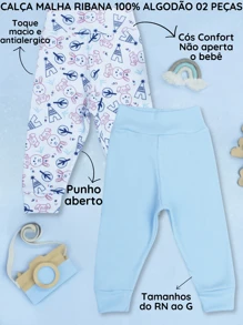SHEIN Ribbed Knit Pants For Baby Girls And Boys, 2 Pieces, Soft, Hypoallergenic, Comfort Waistband, No Elastic, Perfect Fit, Ribbed Knit, 100% Cotton - 藍色 - 查看 2