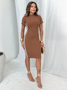 Women's Midi Dress Short Sleeve With Stripes Casual Fashion Versatile Blogger Foreigner - Rỉ Nâu - Xem 3