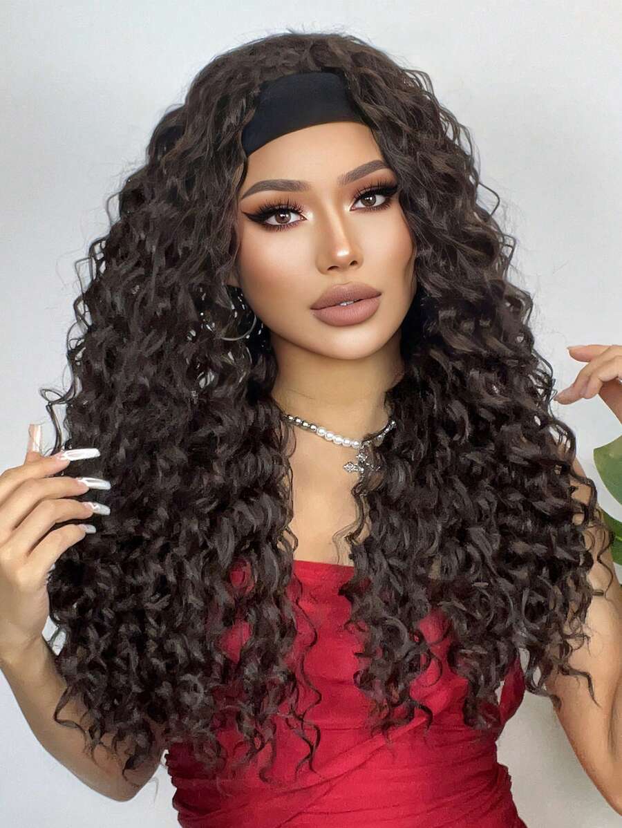26 "Curly Hair Band Female Wig Wavy Black Wig With Headband Synthetic Woven Chemical Fiber Long Curly Hair Wig For Everyday Use And Halloween, Cosplay, Christmas, Fashion Girls. - 棕色 - 查看 1