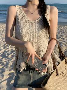 镂空针织吊带披肩，度假风无袖上衣 - 杏色 - 查看 5