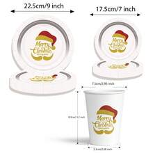 Decoración navideña - Set de 60 piezas de vajilla desechable para fiestas navideñas, incluyendo vasos de papel, platos y platos de postre con estampado de Papá Noel.