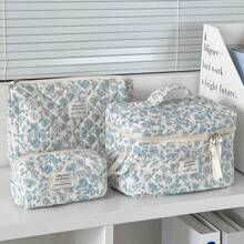 1 件蓝色秋海棠花化妆包女士旅行化妆品收纳包花卉化妆包布艺印花甜美风格洗漱包 - 藍白色 - 查看 12