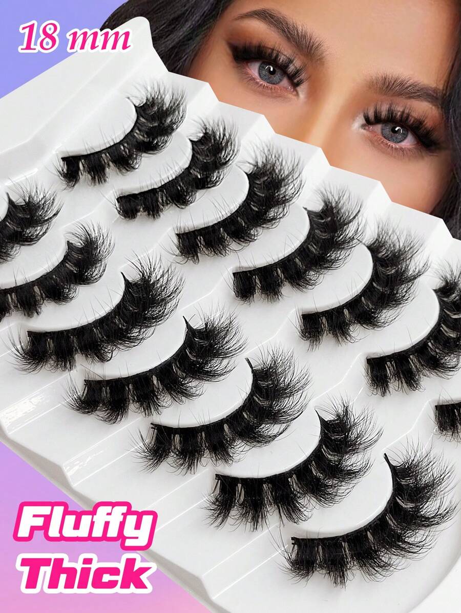 假睫毛,7雙18毫米完整睫毛人造睫毛毛茸茸柔軟厚濃密卷翹自然纖長假睫毛假睫毛 - 黑色 - 查看 1