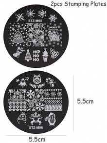2 件卡通雪人企鹅雪花指甲印花板抛光模板冬季树木设计美甲印花模具美甲工具 - 銀色 - 查看 4