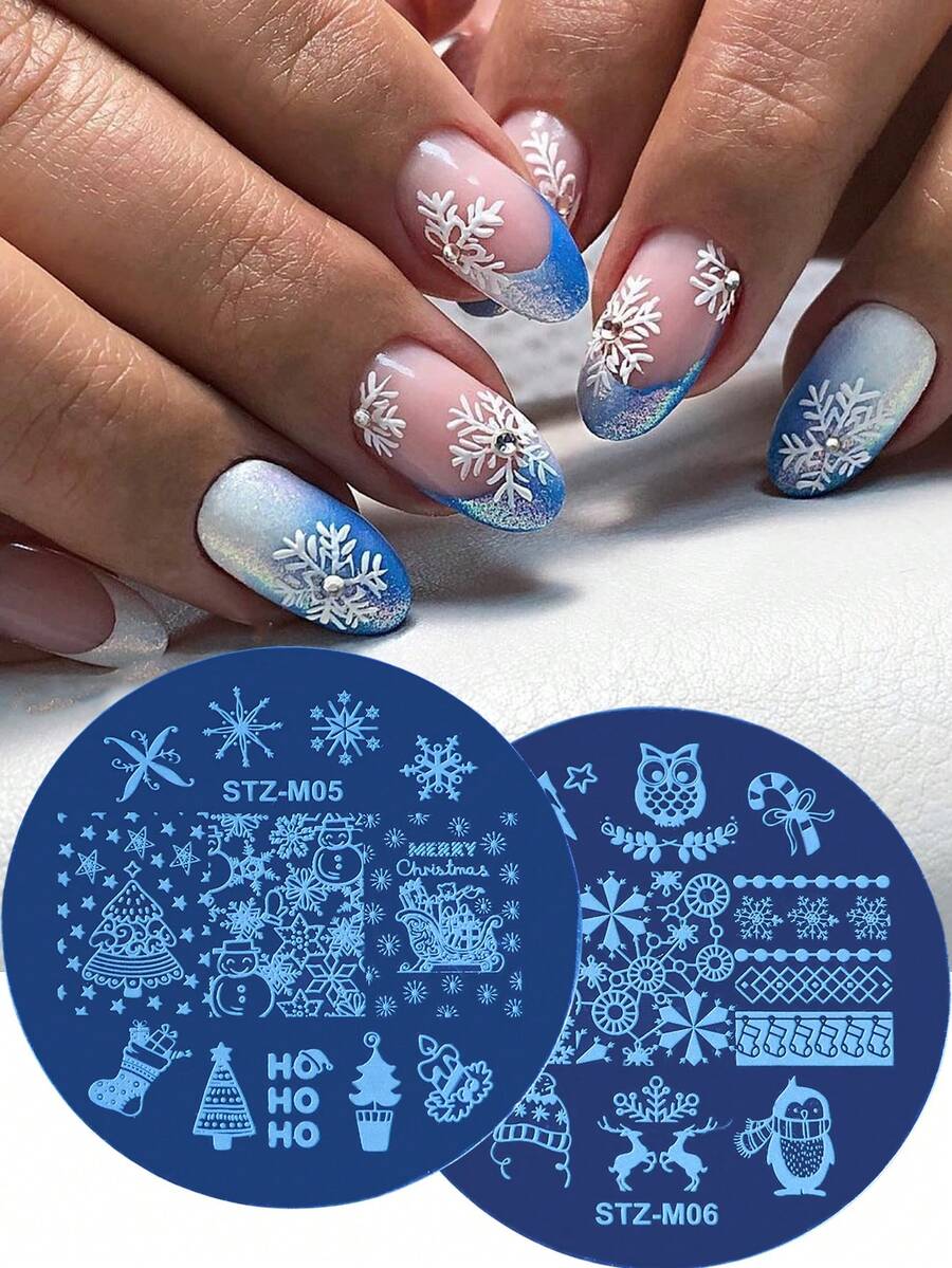 2 件卡通雪人企鹅雪花指甲印花板抛光模板冬季树木设计美甲印花模具美甲工具 - 銀色 - 查看 1