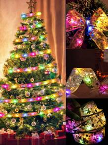 圣诞树装饰 LED 丝带灯，1 件圣诞灯丝带电池供电仙女串灯带丝带蝴蝶结适用于圣诞新年婚礼派对墙壁装饰家居装饰（不含电池） - 彩色 - 查看 1