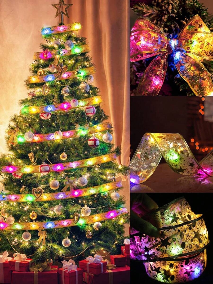 圣诞树装饰 LED 丝带灯，1 件圣诞灯丝带电池供电仙女串灯带丝带蝴蝶结适用于圣诞新年婚礼派对墙壁装饰家居装饰（不含电池） - 彩色 - 查看 1