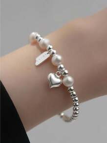 Simple Love Faux Pearl Round Bead Letter Sterling Silver Bracelet Ins Style Female Niche Design Jewelry Valentines