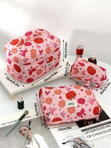 1 件/套万圣节绗缝粉色蝴蝶结南瓜图案多功能旅行化妆包，万圣节前夕，精美简约化妆包，多功能洗漱包，拉链大开口便携式旅行化妆包，化妆包可存放化妆品、口红、珠宝、纸巾、卫生巾、刷子、护垫化妆包学校用品旅行必需品小袋节日必需品化妆包化妆包美容秋季 - 彩色 - 查看 2