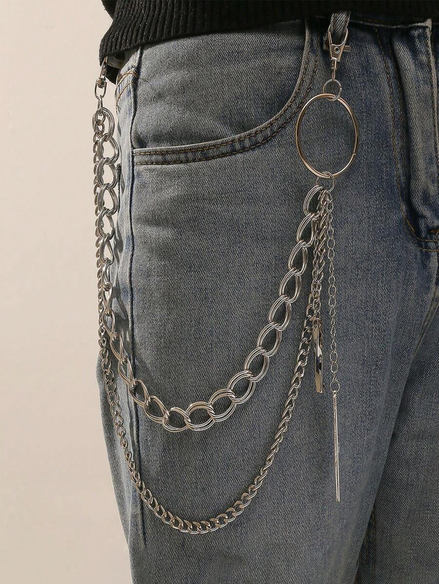 1 件时尚男士双层羽毛裤链腰链朋克嘻哈风格多层裤链配饰 - 銀色 - 查看 1