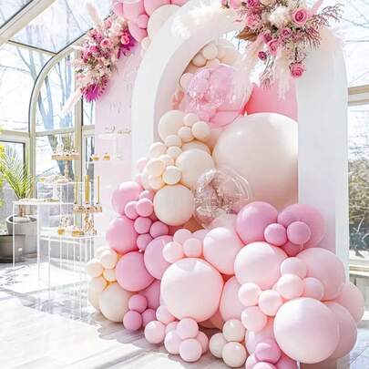 一套不同尺寸（英寸）的浅粉色气球，适合制作花环、拱门，浅粉色气球可用于生日、婴儿派对、性别揭晓派对、婚礼派对装饰、婴儿派对家居装饰和礼物。