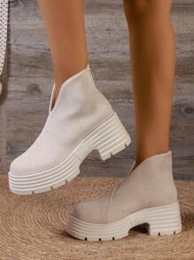 Stivali alla caviglia da donna di colore unito, nuovi per l'autunno/inverno, semplici ma alla moda,  con plateau e tacco chunky, stile retrò biker, punta tonda, stivali da moto con tacco alto, stivali da donna