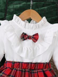 Baby Girl Plaid Patchwork Ruffle Trim Stand Collar Long Sleeve Cute Casual Dress, Spring Autumn - White - View 3