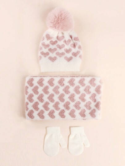 طقم قبعة مرتدية شكل قلب، وشاح وقفازات مكونة من 3 قطع للأطفال ، ملحقات شتوية دافئة للطفل