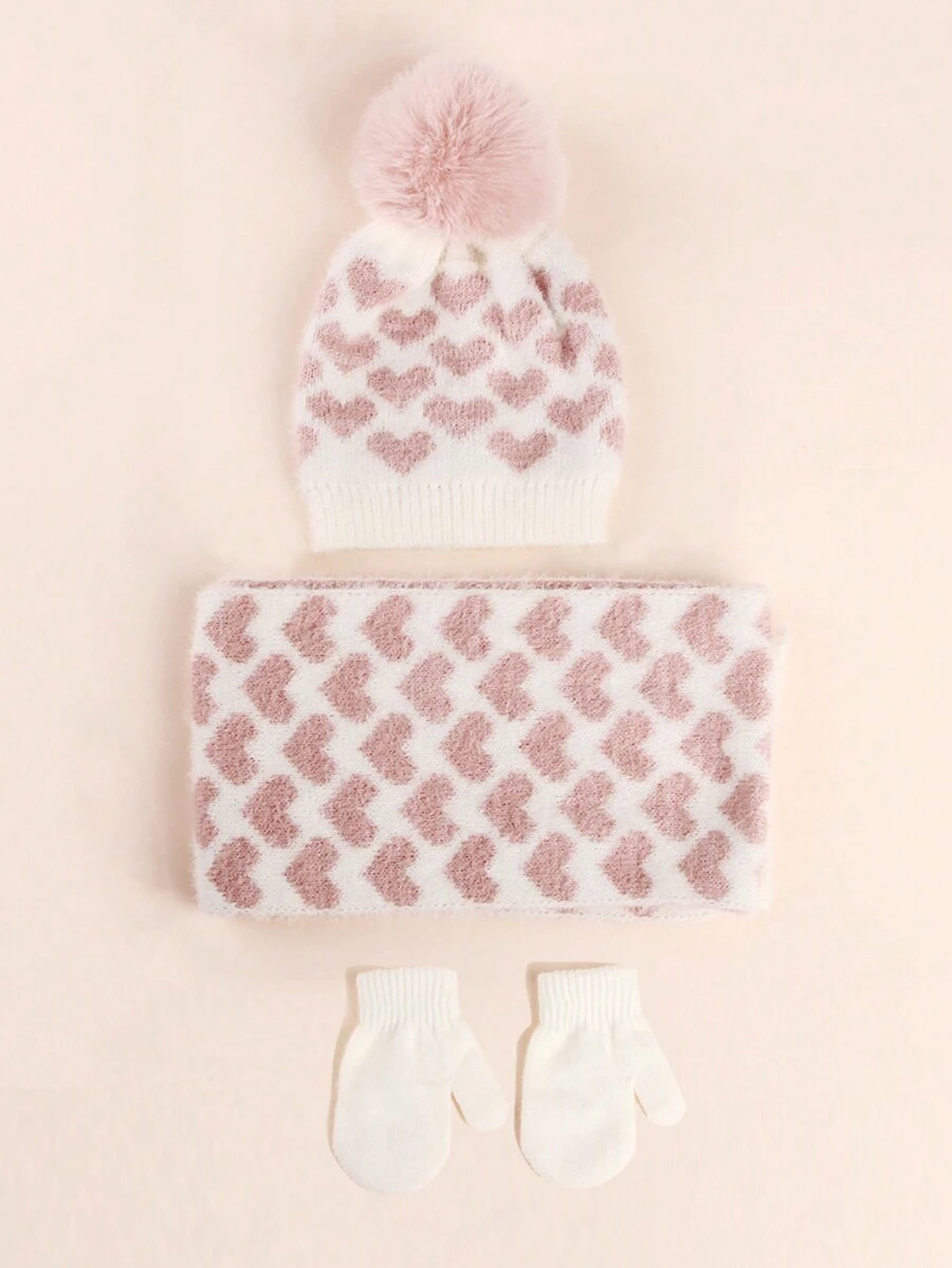 Bộ 3 chiếc khăn len đan hình trái tim cho trẻ em, phụ kiện mùa đông ấm áp cho bé - Nhiều màu - Xem 1